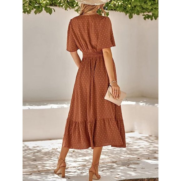 IFFEI Summer Maxi Dress V Neck Chiffon Ruffle Sleeve Swiss Dots A-Line Dress - Picture 6 of 7